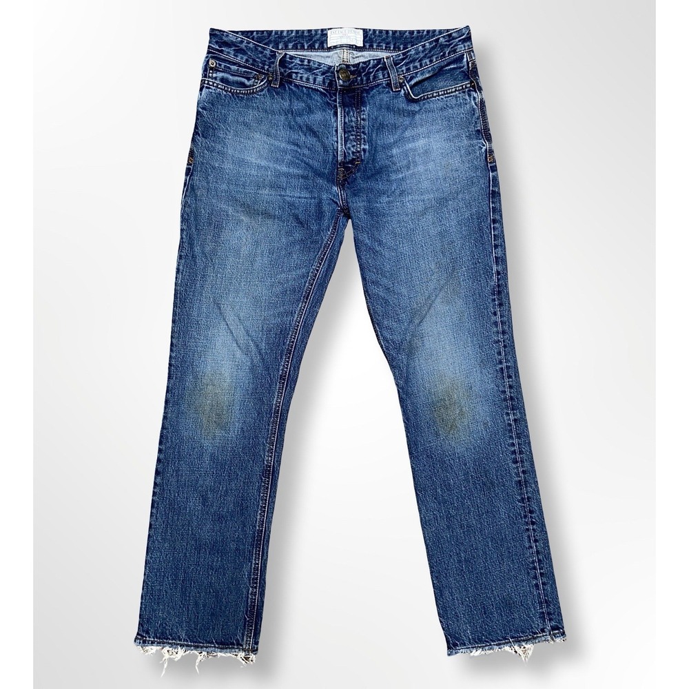Fat Face Denim Jeans Mens 34x32 Straight Leg Button Fly Distressed Hem Blue